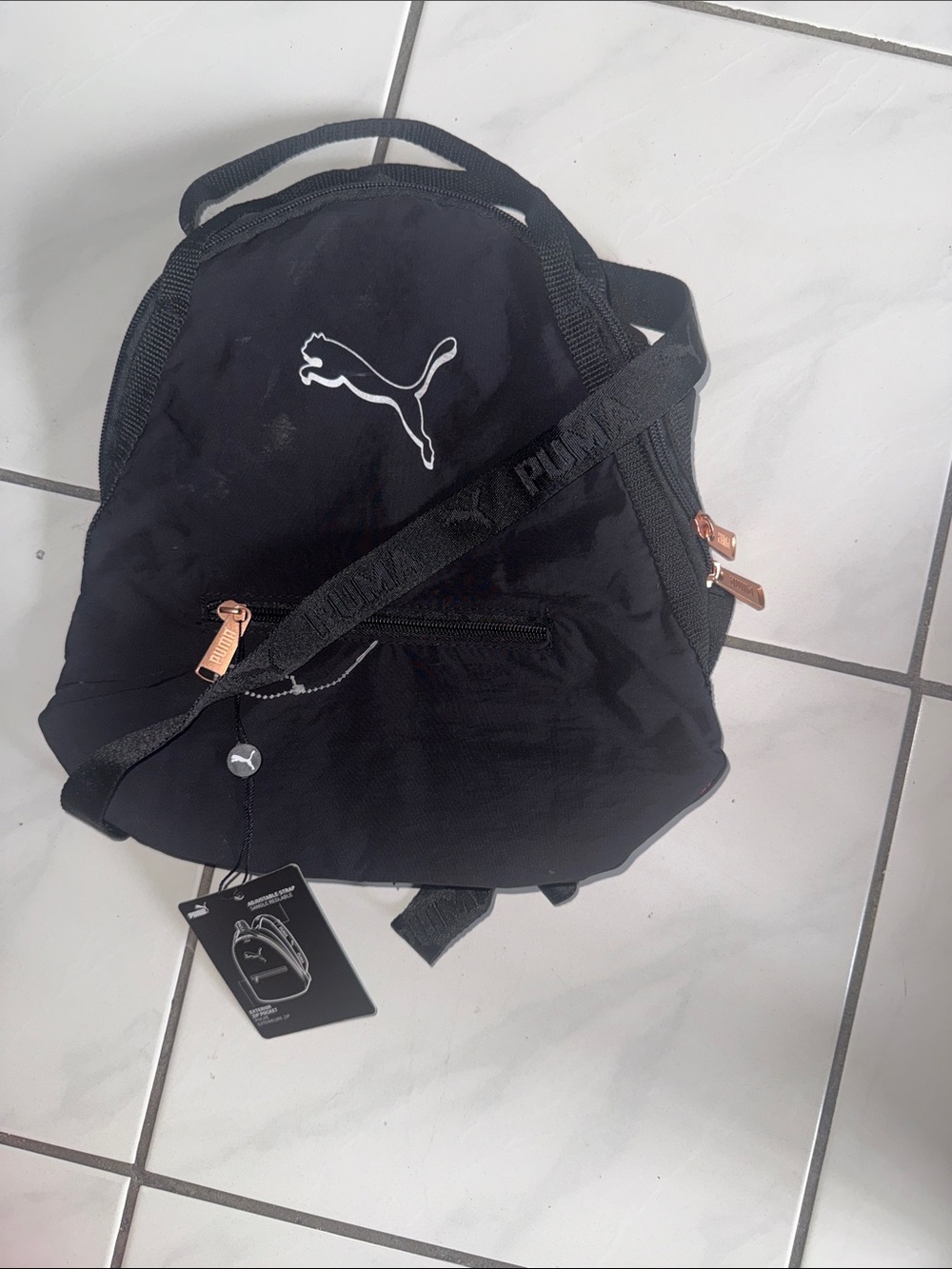 Small Puma Black Backpack with Rose-Gold Zippers